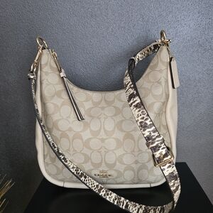 Coach Jules Hobo Pebble & Snake-Embossed Leather Bag Light Khaki/Ivory C91
